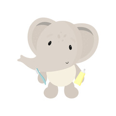 Cute Elephant with toothpaste and toothbrush. Vector illustration in cartoon style.