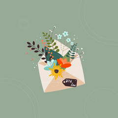 greeting card. Bouquet of wild flowers in the envelope on olive background. Spring flowers bouquet inside the envelope and other decor elements. Paper cut style sending love lettering.