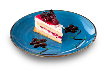 Strawberry Blueberry Cake on Blue Plate White Background