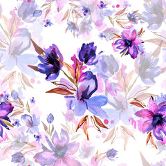Watercolor hand painted purple flowers. For design of invitations, greeting cards. High quality photo