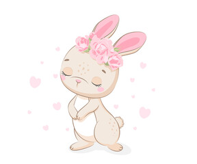 Cute banny with flowers and a wreath. Cartoon vector illustration.