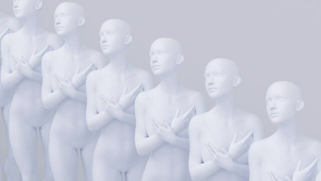 Human naked young elegant posing figure, studio 3d render modern illustration, abstract art motion design animation, fashion mannequin posture portrait, white woman with crossed arms on breast, chest