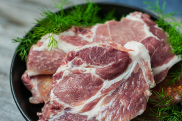 Close-up photo of cuts of meat with dill greens in a steak pan. View from above.