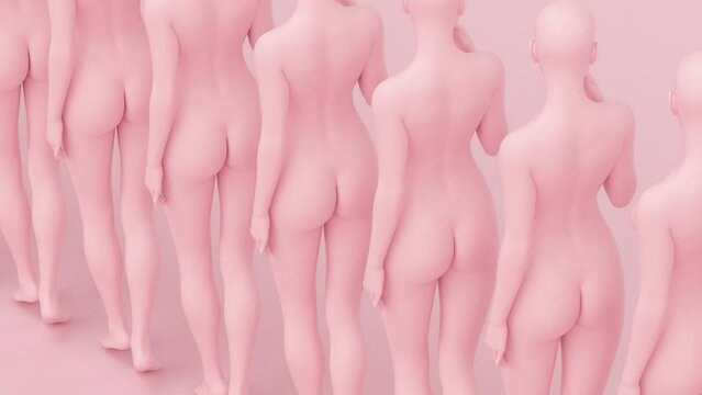 Human naked young elegant posing figure, studio 3d render modern illustration, abstract art motion design animation, fashion mannequin posture portrait, nude booty view back, woman butt, sensual lady