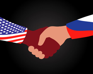 Political handshake, concept of DIPLOMACY of United States and Russia, flat vector stock illustration with flags of countries and dipllomats on black background