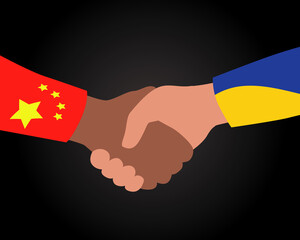 Political handshake, concept of diplomacy China and Ukraine, flat vector stock illustration with flags of countries and dipllomats on black background