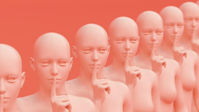 Human naked young elegant posing figure, studio 3d render modern illustration, abstract art motion design animation, fashion mannequin posture portrait, shhh sign, secret or silence concept, shut up