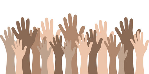 Multi-ethnic and Diverse Hands Raised Up Isolated on White Background. Vector Illustration