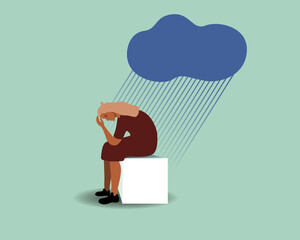 Young woman sitting in rain, concept of unhappiness, flat vector stock illustration with mental problems