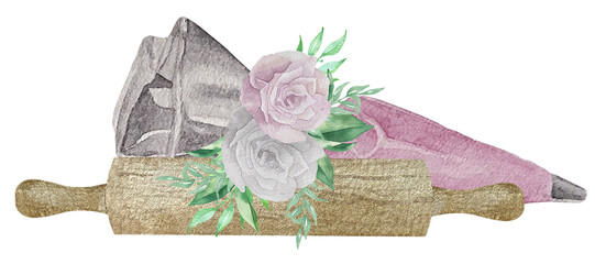 Watercolor rolling pin and bakery icing bag with pink cream and flowers with greenery. Bakery illustration for invitation, pastry, menu, logos