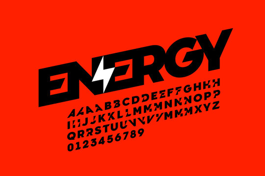 Lightning bolt symbol style font design, alphabet letters and numbers, vector illustration