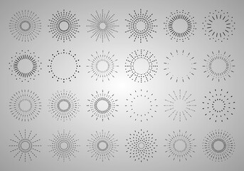 Sunburst set. Vintage sunrise collection.  Vector light rays elements. Firework explosion, stars, emblem, logo, tag. Vector Illustration 