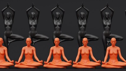 Human naked young elegant posing figure, studio 3d render modern illustration, abstract art motion design animation, fashion mannequin posture portrait, relaxing or meditating asana, lotus pose