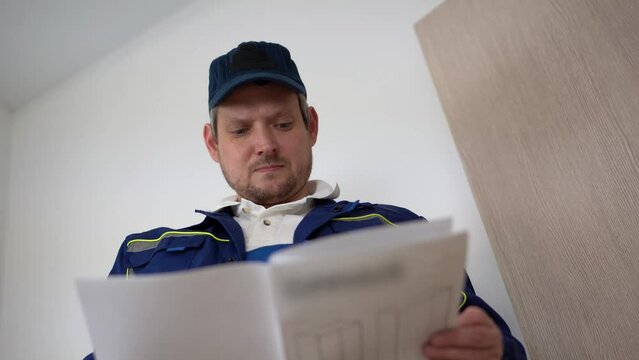 A male assembler in unifrom and a cap is studying the instructions