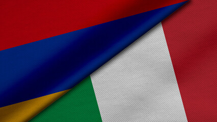 3D Rendering of two flags from Republic of Armenia and Italian Republic together with fabric texture, bilateral relations, peace and conflict between countries, great for background
