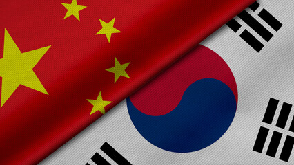 3D Rendering of two flags from China and Republic of Korea together with fabric texture, bilateral relations, peace and conflict between countries, great for background