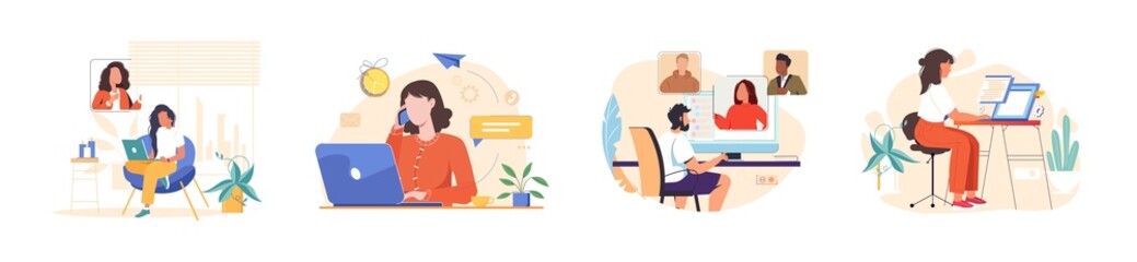Support services. People with computers during online business communication at remote work. Set of man and woman with laptops at virtual video conference calls. Flat vector isolated illustrations.