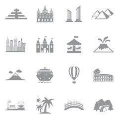 Fototapeta na wymiar Tourist Attractions Icons. Gray Flat Design. Vector Illustration.
