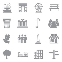 Town Square Icons. Gray Flat Design. Vector Illustration.