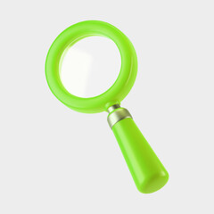 3d green magnifying glass icon isolated on gray background. Render minimal transparent loupe search icon for finding, reading, research, analysis information. 3d cartoon realistic vector