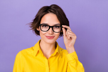 Photo of cute millennial lady hand eyewear wear formal cloth isolated on purple color background