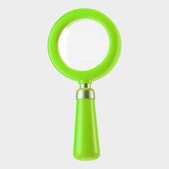 3d green magnifying glass icon isolated on gray background. Render minimal transparent loupe search icon for finding, reading, research, analysis information. 3d cartoon realistic vector