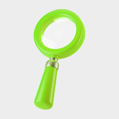 3d green magnifying glass icon isolated on gray background. Render minimal transparent loupe search icon for finding, reading, research, analysis information. 3d cartoon realistic vector