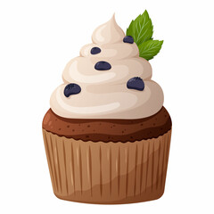 Cupcake with whipped cream, blueberries, mint leaves. Vector image of a cake on a transparent background. Elements of confectionery, baking, bakery, sweets for poster, banner, advertising, stickers