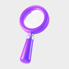 3d purple magnifying glass icon isolated on gray background. Render minimal transparent loupe search icon for finding, reading, research, analysis information. 3d cartoon realistic vector
