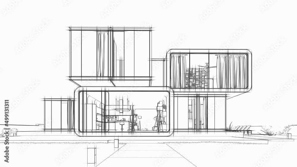 Wall mural Architect draft, modern house