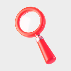 3d red magnifying glass icon isolated on gray background. Render minimal transparent loupe search icon for finding, reading, research, analysis information. 3d cartoon realistic vector