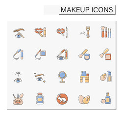 Makeup color icons set. Different types of cosmetic productions. Real beauty. Beauty salon. Cosmetology concept. Isolated vector illustrations