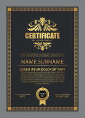 Certificate Design. Diploma currency border template. Dark colored gift voucher award background.