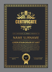 Certificate Design. Diploma currency border template. Dark colored gift voucher award background.