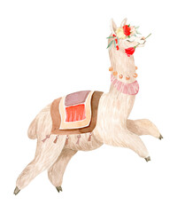 Cute and funny romantic alpaca (llama) decorated with clothes and red flowers. Perfect for Valentines day and wedding decorations.
