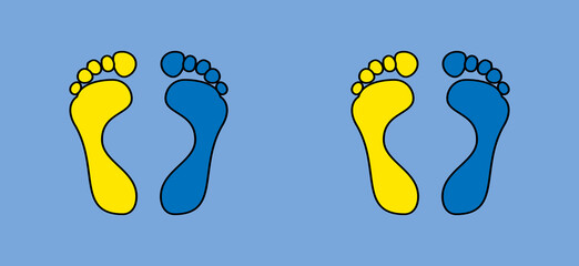 Bare feet silhouette footprints. The color of the Ukrainian flag is blue and yellow. The idea when two people stand side by side.