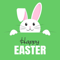 Happy Easter. Vector card with cute smiling rabbit. The rabbit peeks out. Easter Bunny on a green background. Greeting card concept. Christian holiday