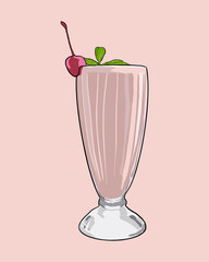 Strawberry milkshake with cherry and mint on top - pink background