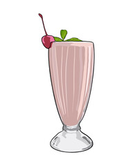 Strawberry milkshake with cherry and mint on top - white background