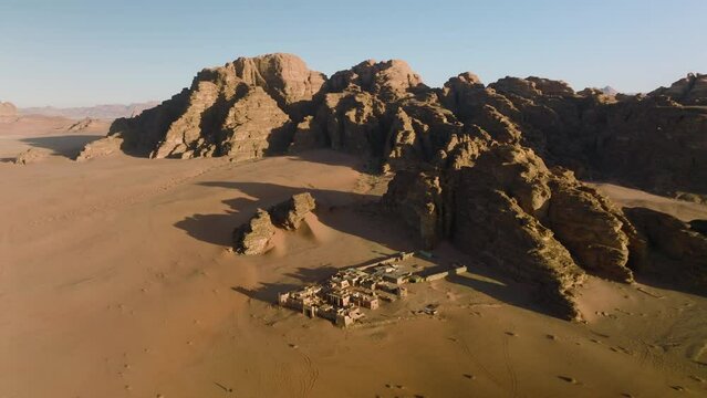 Amazing Desert Landscape With French Fortress And Mountainscape In Wadi Rum, Jordan - Aerial Shot