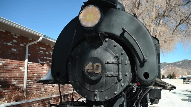 Front of retired steam engine out for display in Salida Colorado, tilt down