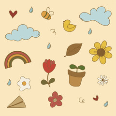 Hand drawn spring set with cute rainbow flower and bee