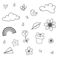 Hand drawn spring set with cute rainbow flower and bee on outline style