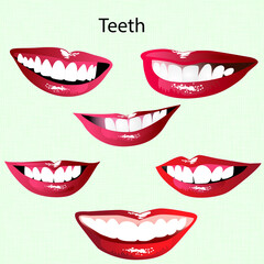 Red color lips teeth with Smile, Woman red lips emotions pink lips collection woman smile lips teeth show vector design