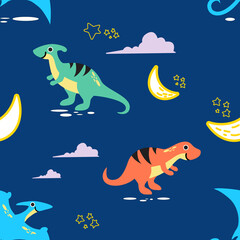 Seamless pattern of dinos family with moon and sky view. Design for scrapbooking, decoration, cards, paper goods, background, wallpaper, wrapping, fabric and all your creative projects.
