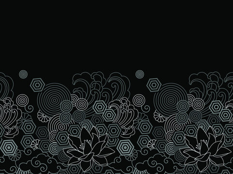 Lotus. Floral Black and White Geometric Seamless Pattern. Floral border