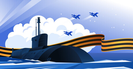 Strategic nuclear missile submarine greeting card. May 9 Victory Day. Vector illustration - 499133966