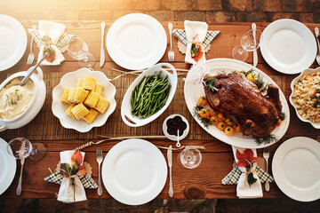 Remember to count your blessings. High angle shot of a dining table all laid out for Thanksgiving.