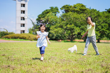 Obraz premium おばあちゃんと犬の散歩をする小さな女の子