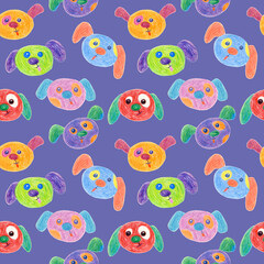 Seamless pattern of multicolored faces of Dogs drawn with wax crayons on a Very Peri background. For fabric, sketchbook, wallpaper, wrapping paper.